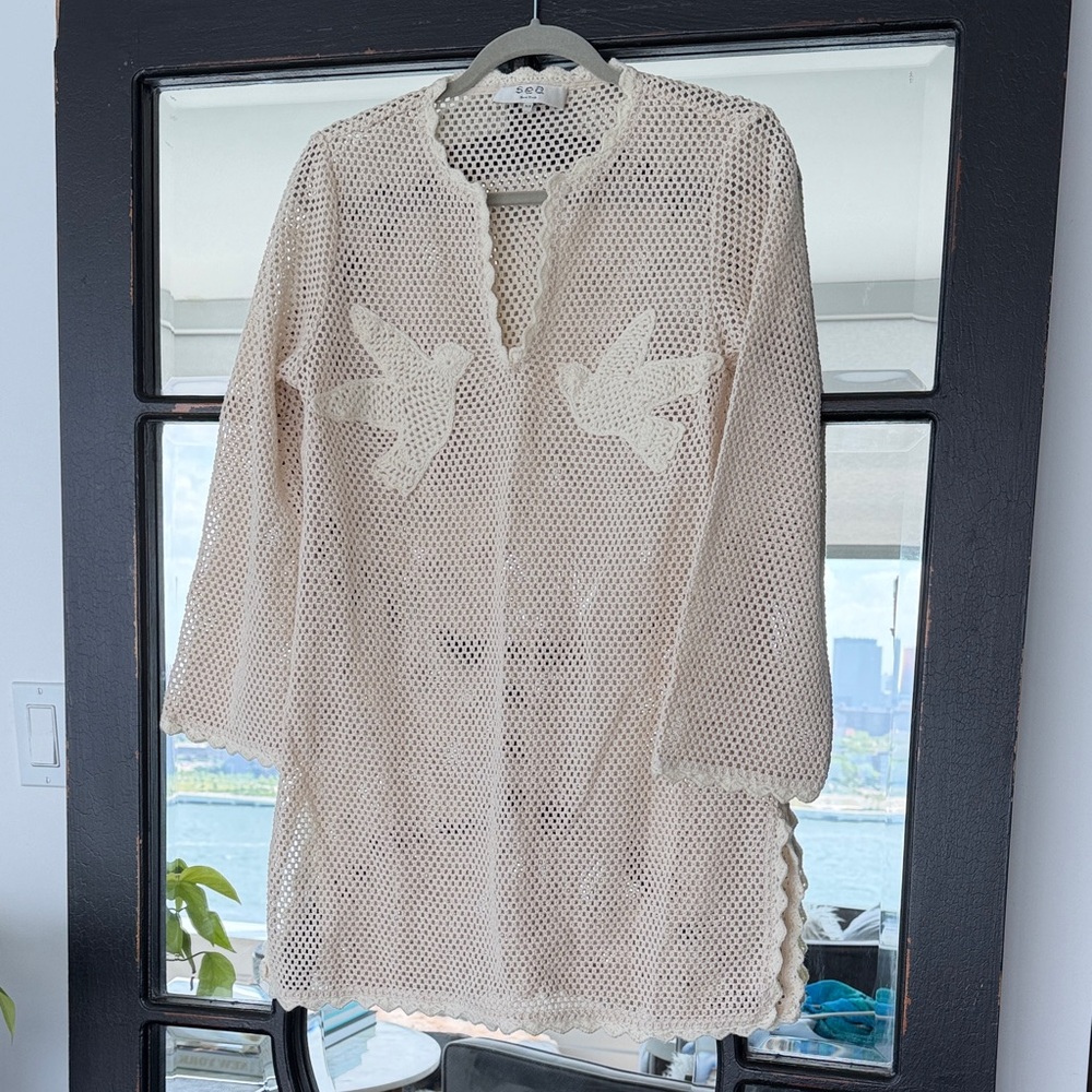 SEA Cream Crochet Cover-Up with Dove Appliqués